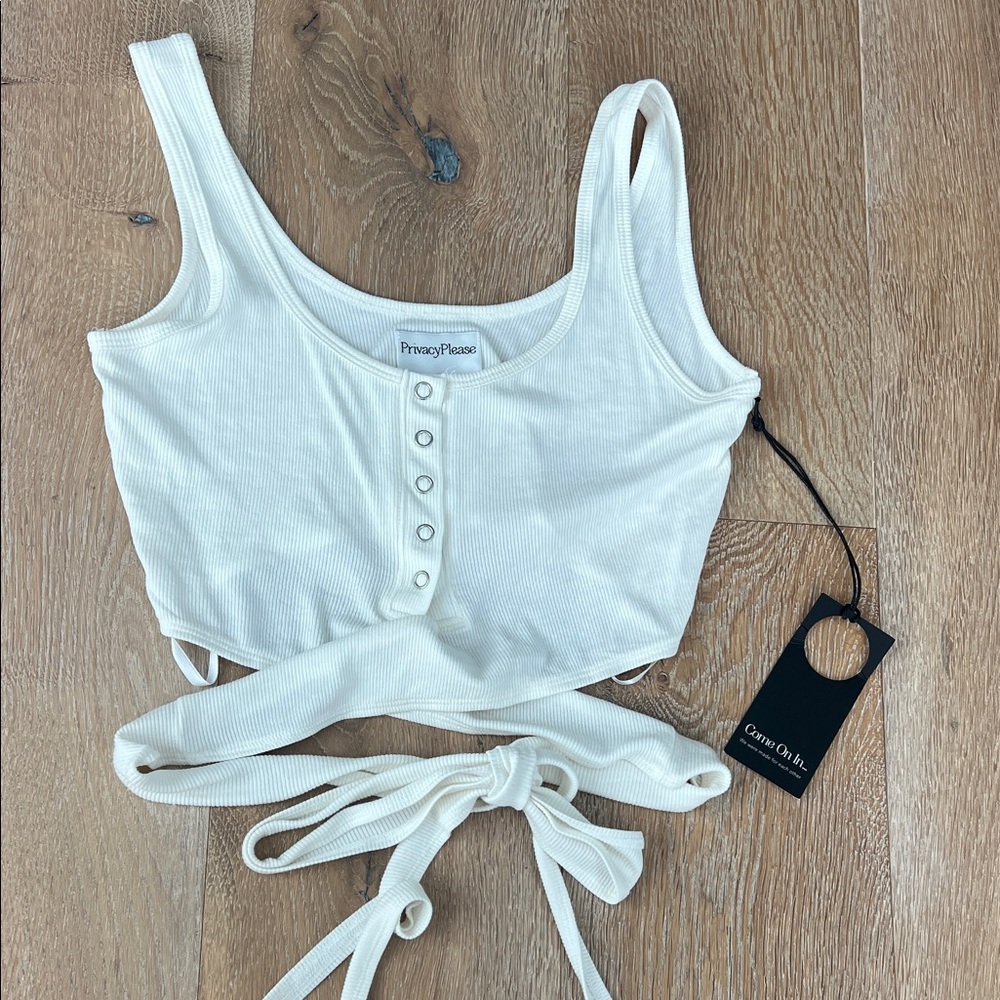Privacy Please Ivory Buttoned Tie-Front Tank